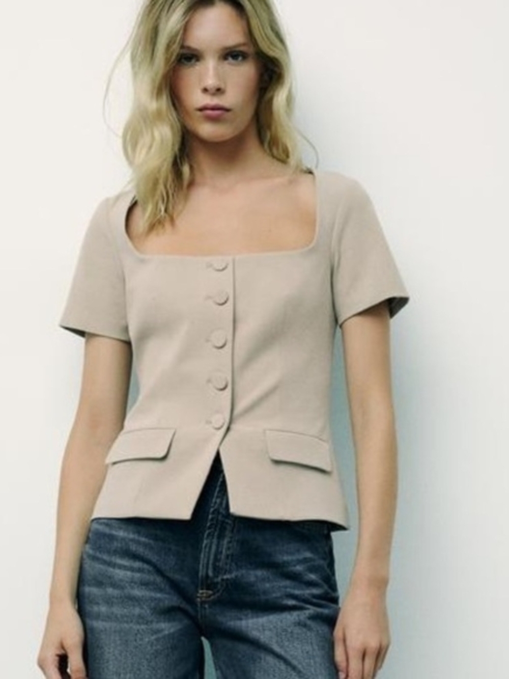 Zara Square-Neck Short Sleeve Top in Beige NWT